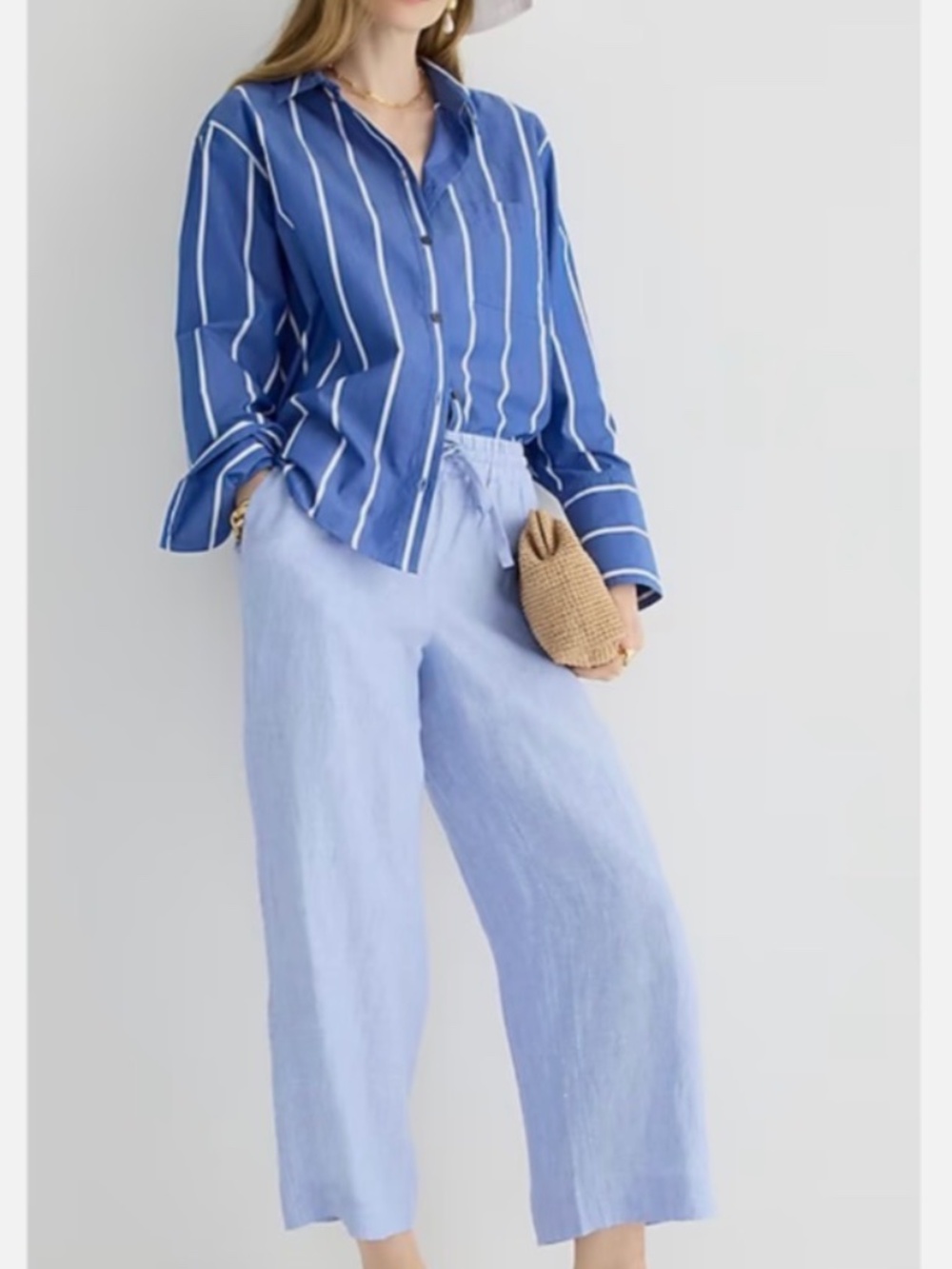 J. Crew Blue Wide Leg Seaside Linen Cropped Pant